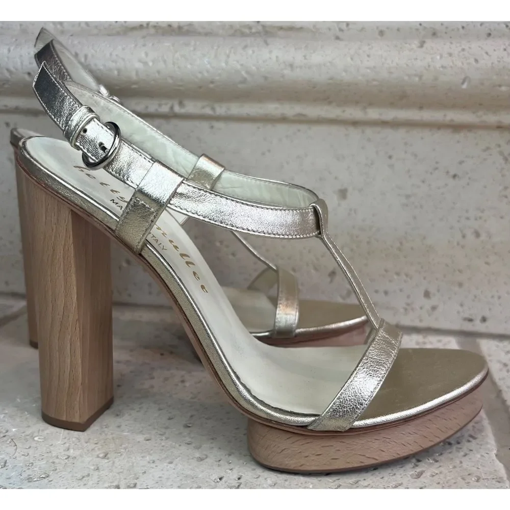 Bettye Muller Gold Leather T-Strap Wooden Platform Sandals Size EU 37 US 6.5